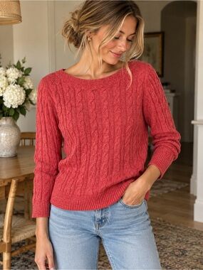 LOFT 100% Cotton Coral Pink Cable Knit Sweater Size M Preppy Classic